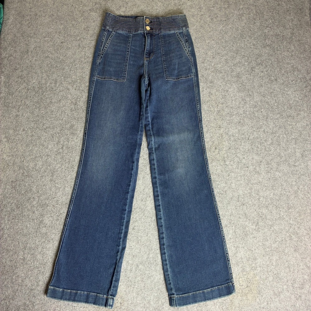 WHBM Women's Sz 0 26x32 High Waisted Flare Wide Leg Jeans Ribbed Bootcut Patch